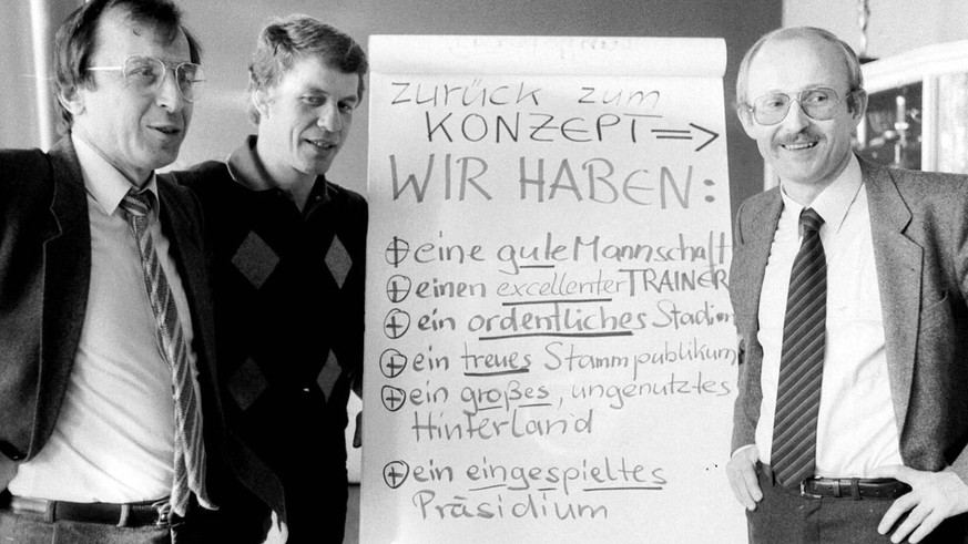 Bildnummer: 00951452 Datum: 10.07.1981 Copyright: imago/Schumann
Der neue Manager Willi Lemke (re.) Präsentiert das Konzept des Erfolgs für den SV Werder Bremen, Präsident Dr. Franz Böhmert (li.) und  ...