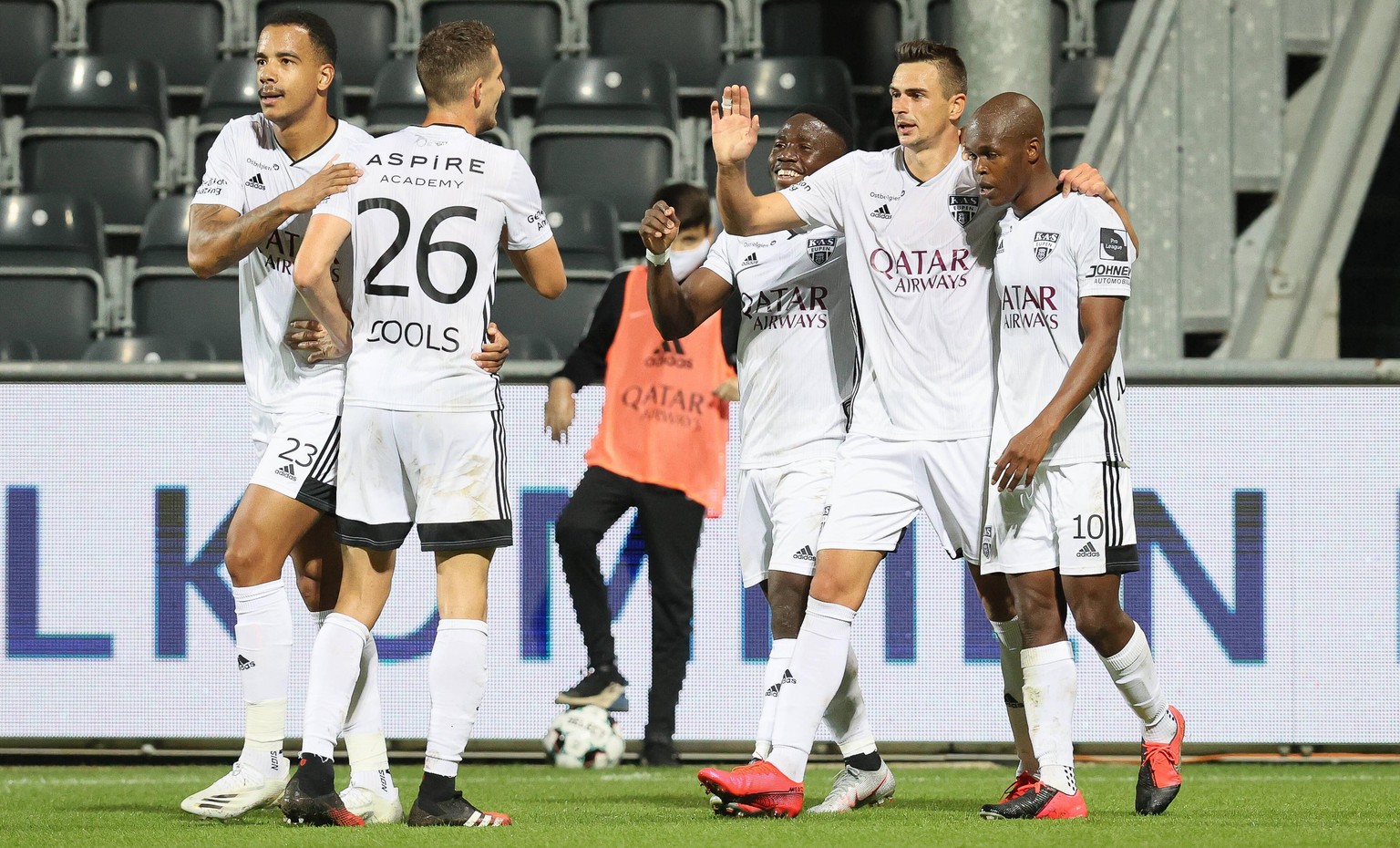 Eupen s Smail Prevljak celebrates after scoring during a soccer match between KAS Eupen and KAA Gent, Friday 11 September 2020 in Eupen, on day 5 of the Jupiler Pro League first division of the Belgia ...