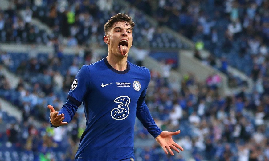 epaselect epa09235744 Kai Havertz of Chelsea celebrates after scoring the 1-0 lead during the UEFA Champions League final between Manchester City and Chelsea FC in Porto, Portugal, 29 May 2021. EPA/Jo ...