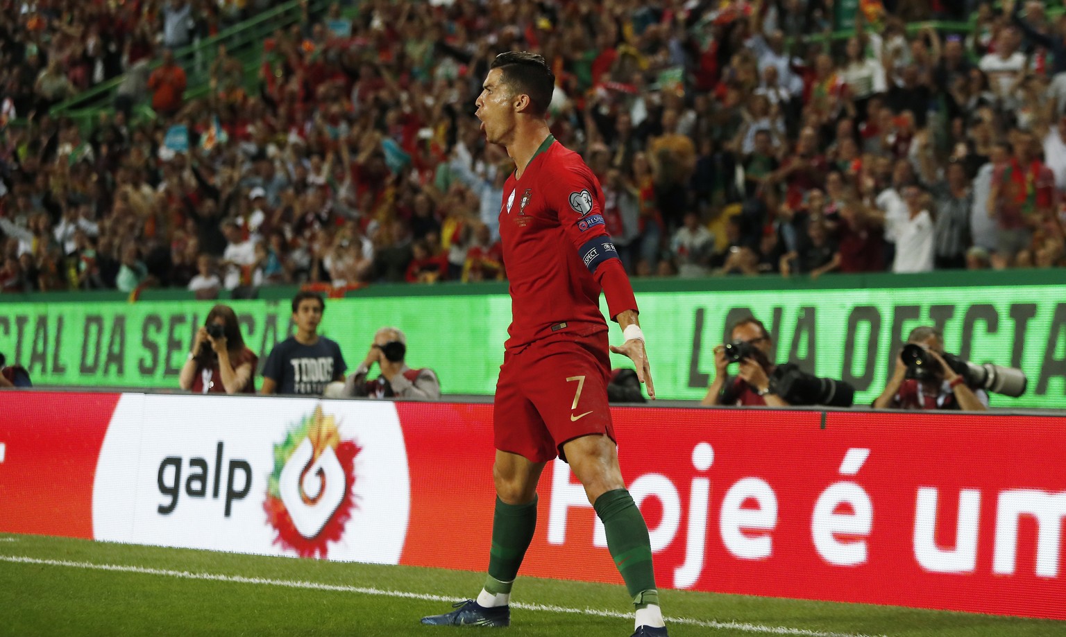 Portugal&#039;s Cristiano Ronaldo celebrates after scoring his side&#039;s second goal during the Euro 2020 group B qualifying soccer match between Portugal and Luxembourg at the Jose Alvalade stadium ...