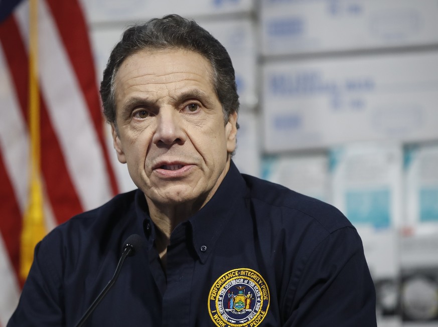 New York Gov. Andrew Cuomo speaks during a news conference against a backdrop of medical supplies at the Jacob Javits Center that will house a temporary hospital in response to the COVID-19 outbreak,  ...