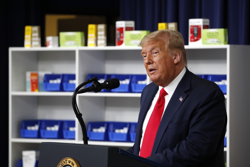 FILE - In this July 24, 2020, file photo President Donald Trump speaks during an event to sign executive orders on lowering drug prices, in the South Court Auditorium in the White House complex in Was ...