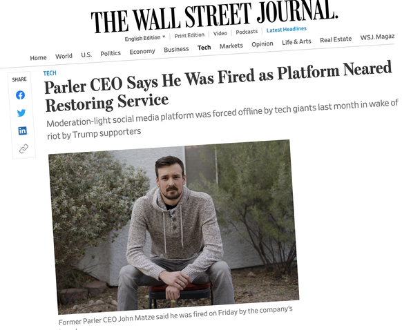 Die Leute hinter Parler wollten den Rauswurf nicht öffentlich machen, doch der App-Entwickler John Matzke wandte sich an das konservative «Wall Street Journal».