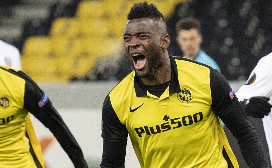 YB&#039;s Jean-Pierre Nsame, right, and YB&#039;s Christopher Martins celebrate the to 1-1 during the UEFA Europa League group stage group A matchday 6 soccer match between Switzerland&#039;s BSC Youn ...