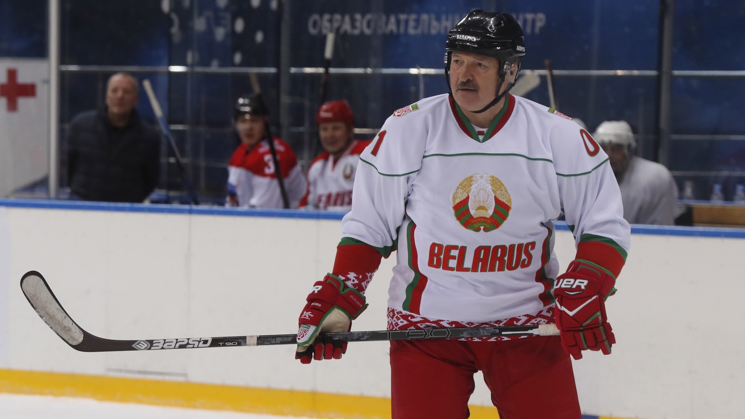 epa07372662 Belarus President Alexander Lukashenko plays an ice hockey match at the Shayba Arena in the Black Sea resort of Sochi, Russia, 15 February 2019. Belarus President Alexander Lukashenko is o ...