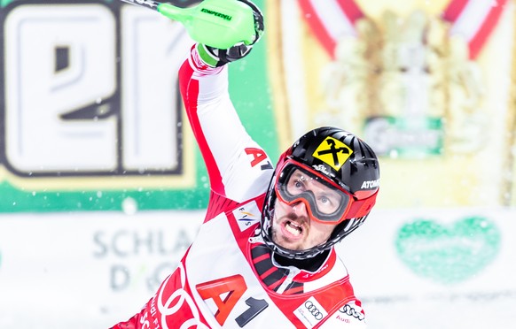 epa07330503 Winner Marcel Hirscher of Austria reacts after the men&#039;s FIS Alpine SKiing World Cup Slalom at the Planai in Schladming, Austria, 29 January 2019. EPA/EXPA/JFK