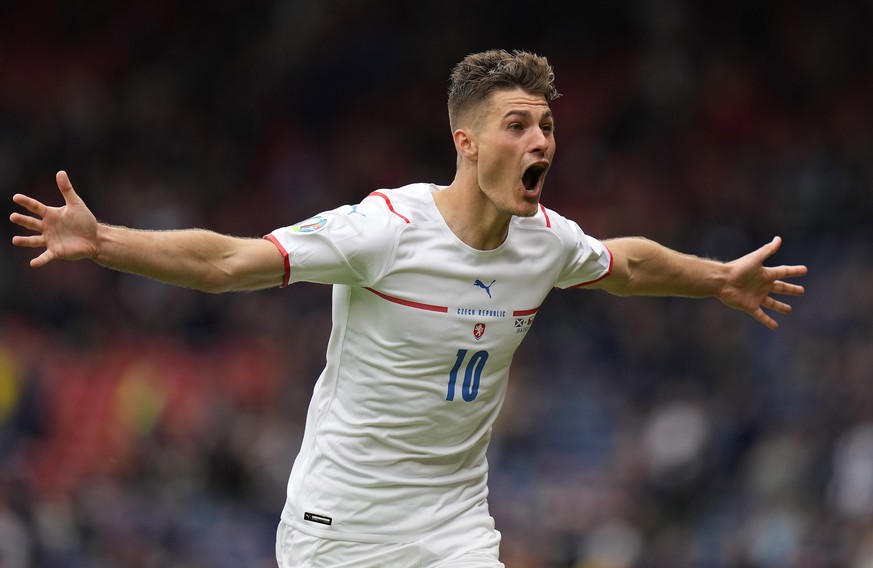 epa09270604 Patrik Schick of the Czech Republic celebrates after scoring his team&#039;s second goal during the UEFA EURO 2020 group D preliminary round soccer match between Scotland and the Czech Rep ...