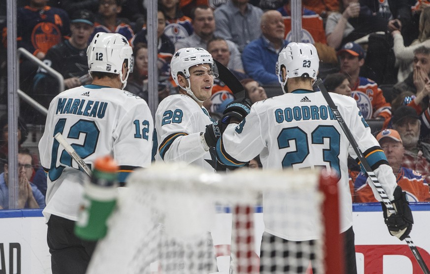 San Jose Sharks&#039; Patrick Marleau (12), Timo Meier (28) and Barclay Goodrow (23) celebrate a goal against the Edmonton Oilers during the first period of an NHL hockey game Thursday, Feb. 6, 2020,  ...