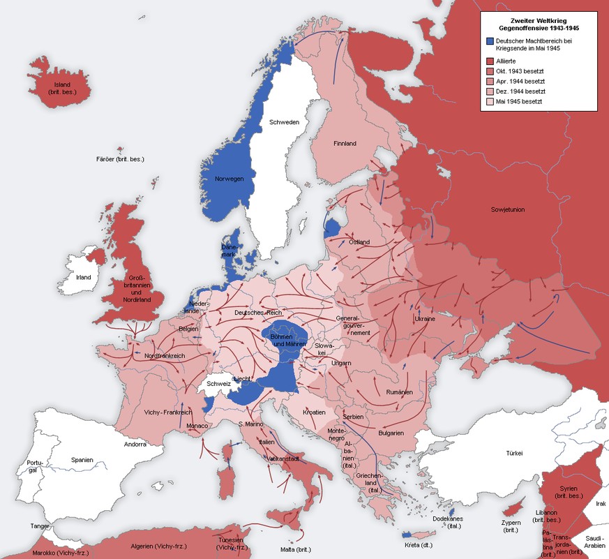 Zweiter Weltkrieg, Frontverlauf in Europa
https://de.wikipedia.org/wiki/Datei:Second_world_war_europe_1943-1945_map_de.png