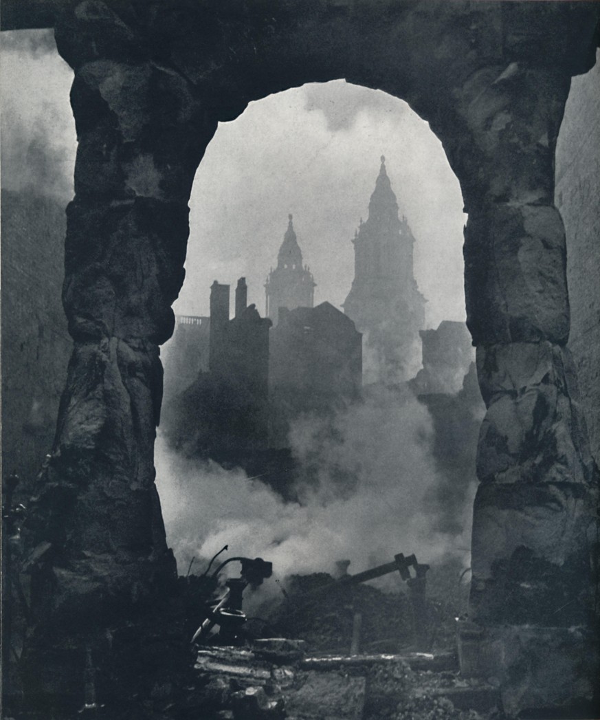 &#039;Apocalypse&#039;, 1941. The twin clock towers of St Pauls Cathedral is seen through the bomb damage. From Air of Glory, by Cecil Beaton. [His Majesty&#039;s Stationery Office, London, 1941] Arti ...