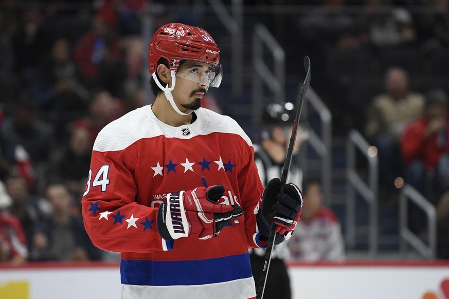 Washington Capitals defenseman Jonas Siegenthaler (34), of Switzerland, stands on the ice during the first period of an NHL hockey game against the Arizona Coyotes, Monday, Nov. 11, 2019, in Washingto ...
