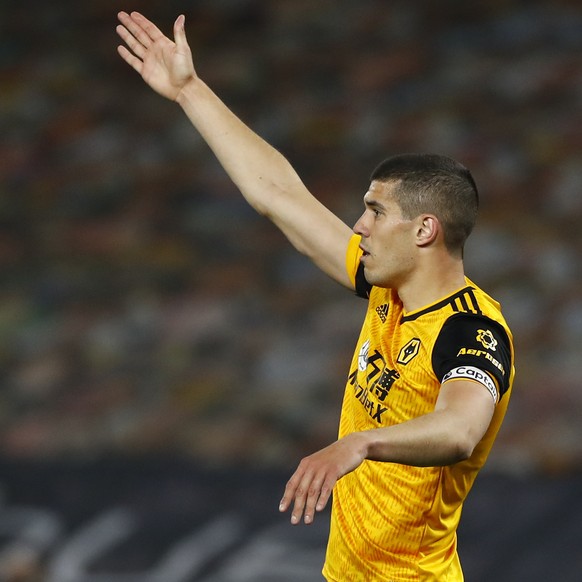 Wolverhampton Wanderers&#039; Conor Coady reacts during the English Premier League soccer match between Wolves and Sheffield United at the Molineux Stadium in Wolverhampton, England, Saturday, April 1 ...