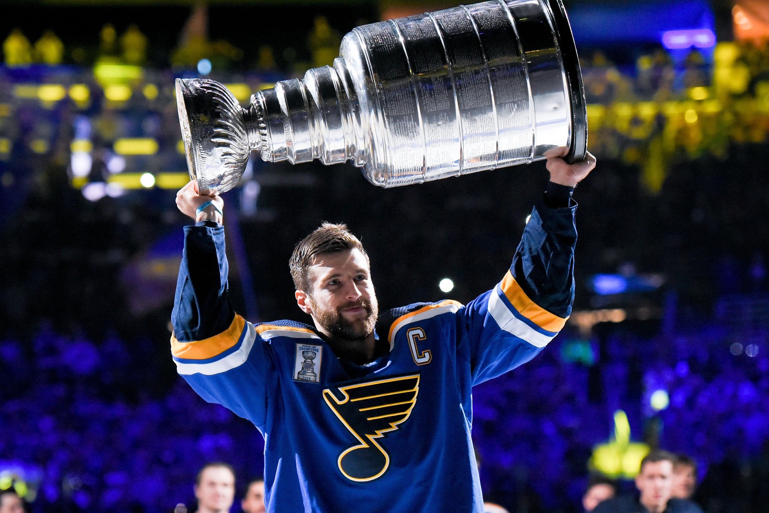 Oct 02, 2019: St. Louis Blues defenseman Alex Pietrangelo 27 stakes the Stanley Cup around during pregame ceremonies in the opening night of the National Hockey League in a game between the Washington ...