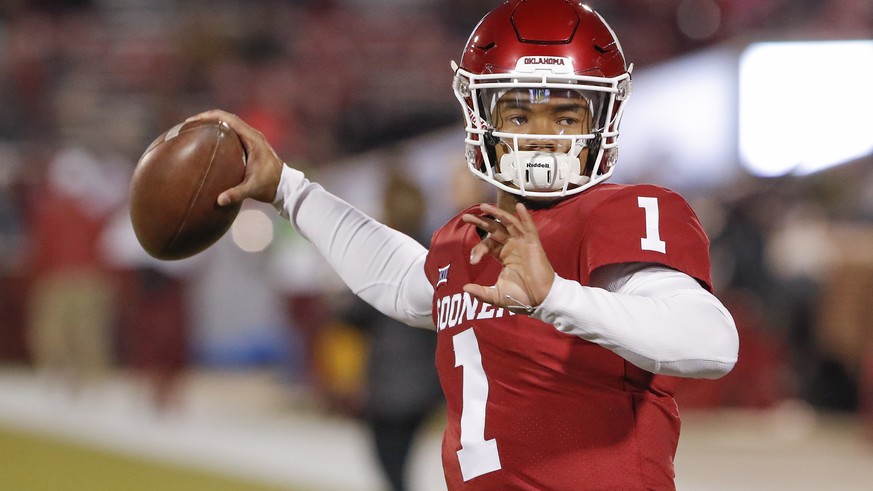 FILE - In this Saturday, Nov. 17, 2018 file photo, Oklahoma quarterback Kyler Murray (1) before the start of an NCAA college football game against Kansas in Norman, Okla. Kyler Murray suddenly has a b ...