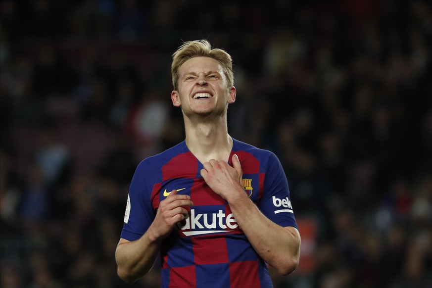 Barcelona&#039;s Frenkie de Jong reacts during a Spanish Copa del Rey soccer match between Barcelona and Leganes at the Camp Nou stadium in Barcelona, Spain, Thursday, Jan. 30, 2020. (AP Photo/Joan Mo ...