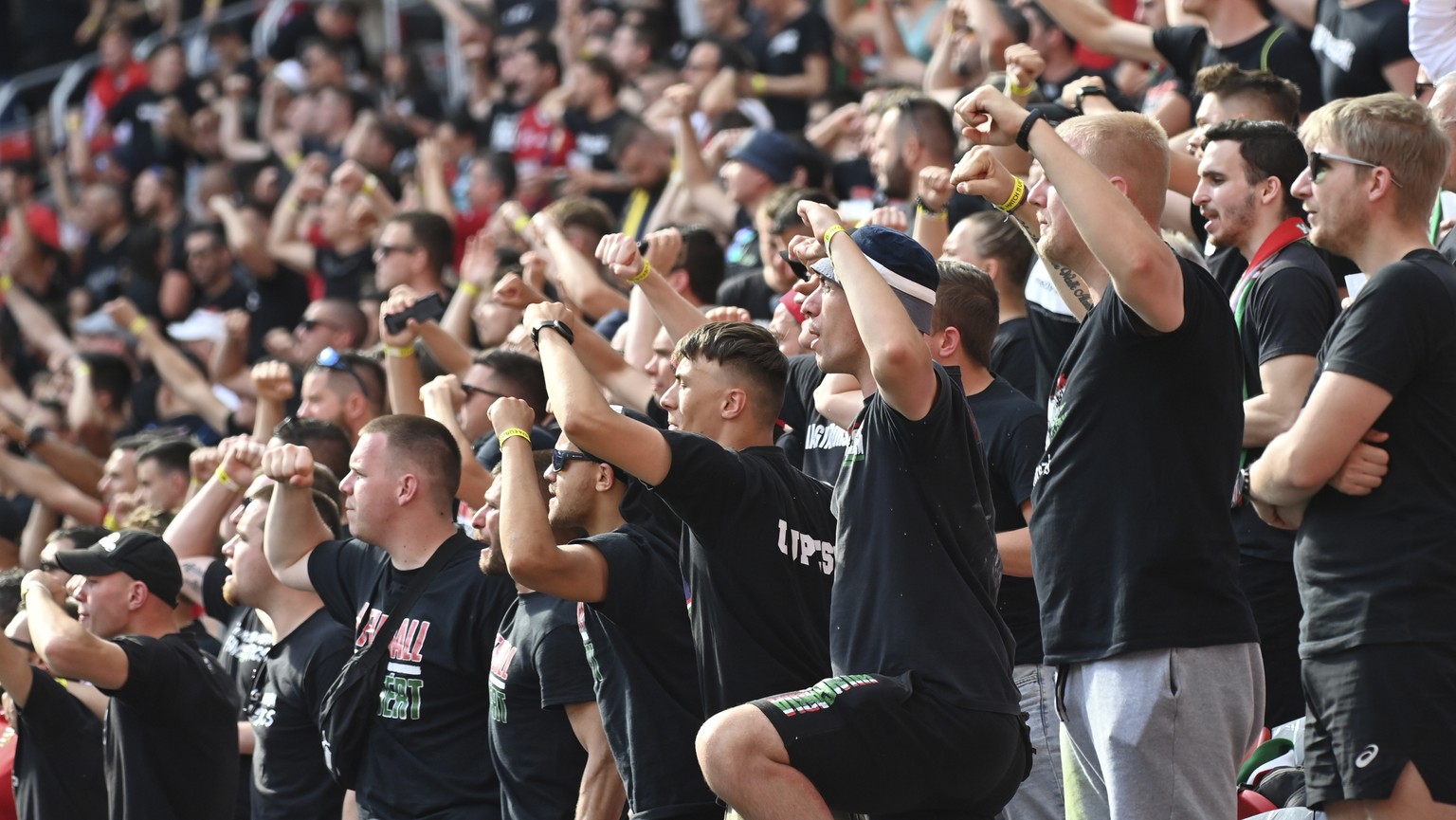 Hungary fans cheer their team before the Euro 2020 soccer championship group F soccer match between Hungary and Portugal at the Puskas Arena in Budapest, Hungary, Tuesday, June 15, 2021. (Tibor Illyes ...