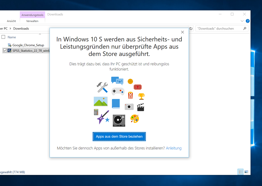 Versucht man ein Programm zu installieren, das nicht im Windows Store ist, erscheint diese Meldung. Nun kann man ein alternative App aus dem Store installieren oder das Gratis-Update auf Windows 10 Pr ...