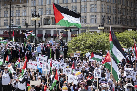 Supporters hold up flags and posters during a rally and march in support of Palestinians at Congress Plaza Garden in Chicago in response to an ongoing assault between Israelis and Palestinians in the  ...