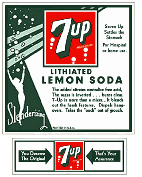 7 up soda limonade lithium psychopharmaka trinken zucker retro vintage 1930er history http://www.digitaldeliftp.com/LookAround/advertspot_7-up.htm