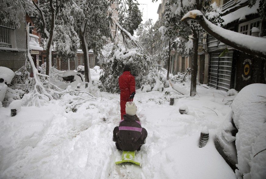 A man walks dragging a sled with a girl along a street with snow and fallen three branches during a heavy snowfall in downtown Madrid, Spain, Saturday, Jan. 9, 2021. A persistent blizzard has blankete ...