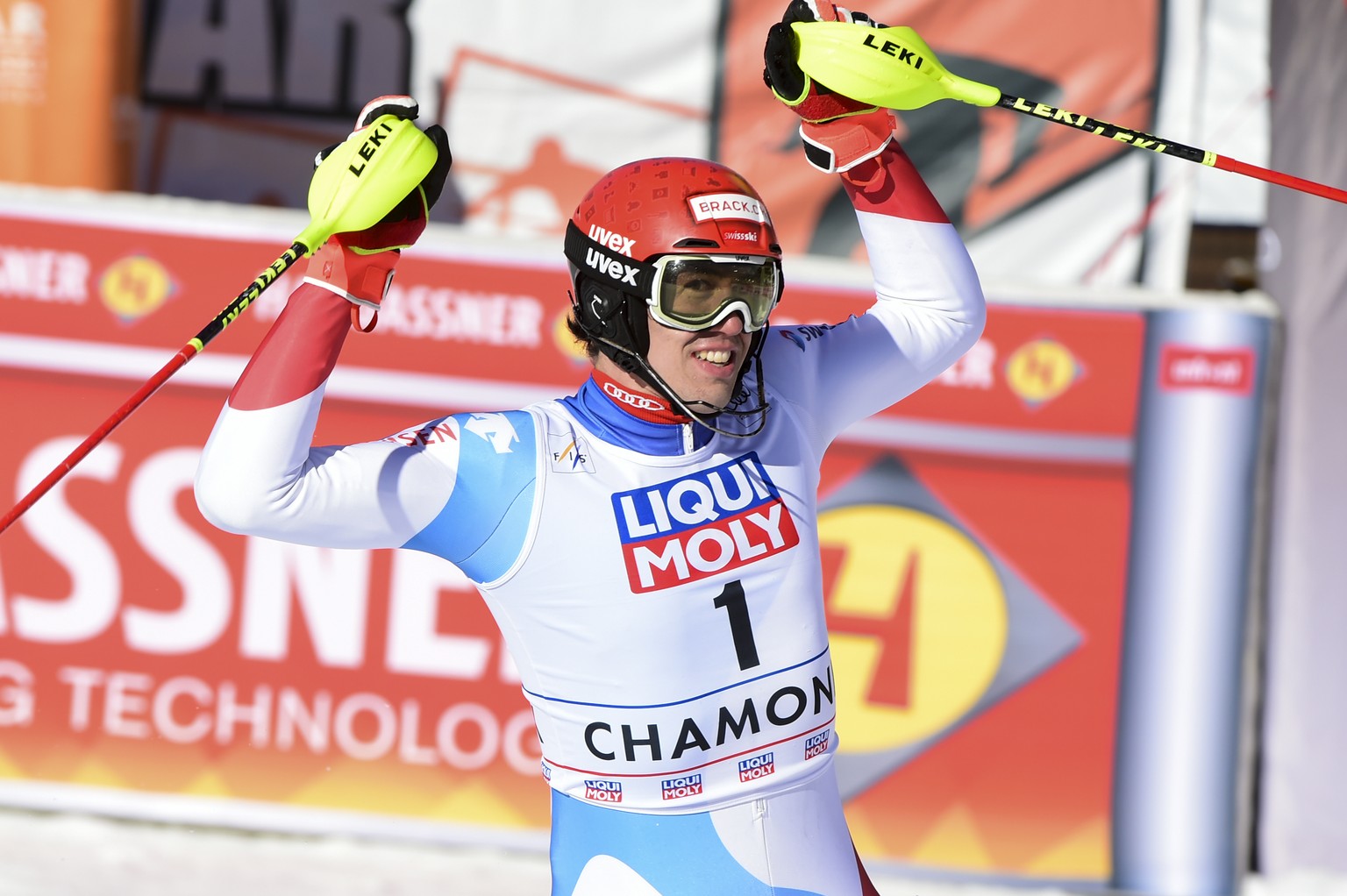 Switzerland&#039;s Ramon Zenhaeusern celebrates after cutting the finish line of an alpine ski, men&#039;s World Cup slalom, in Chamonix, Sunday, Jan. 31, 2021. (AP Photo/Marco Tacca)