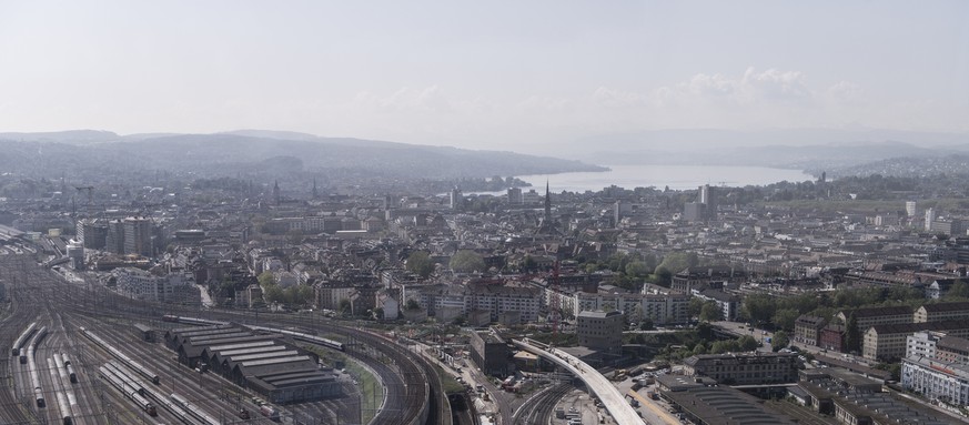 View of the inner city from the Prime Tower, Zurich, Switzerland, pictured on June 7, 2013. Agglomerations shape the Swiss landscape. It is a conglomerate coexistence of big and small, old and new, es ...