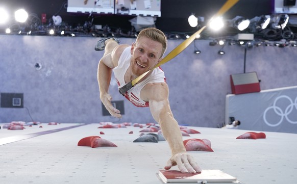 Jakob Schubert, of Austria, participates during the speed qualification portion of the men&#039;s sport climbing competition at the 2020 Summer Olympics, Tuesday, Aug. 3, 2021, in Tokyo, Japan. (Tsuyo ...