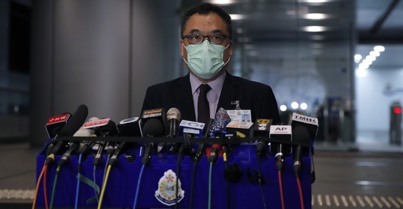 Senior Superintendent Li Kwai-wah, Hong Kong Police National Security Department, speaks during a news conference in Hong Kong, Thursday, July 30, 2020. Hong Kong police have made their first major ar ...
