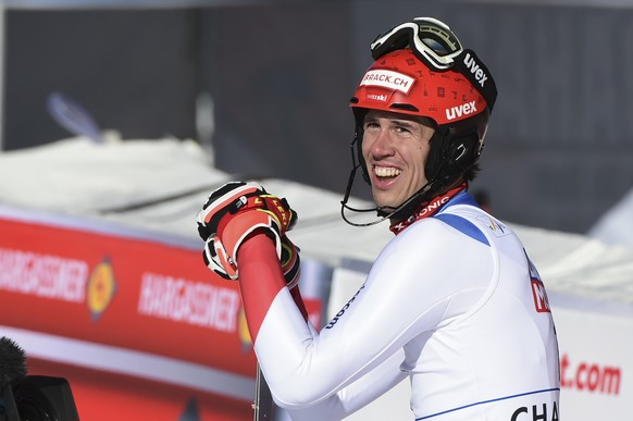 Switzerland&#039;s Ramon Zenhaeusern smiles after cutting the finish line of an alpine ski, men&#039;s World Cup slalom, in Chamonix, Sunday, Jan. 31, 2021. (AP Photo/Marco Tacca)