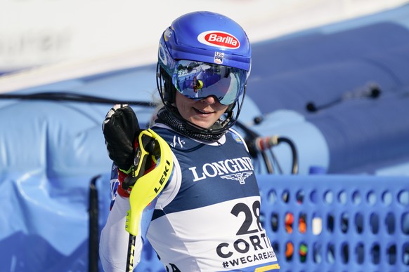 United States&#039; Mikaela Shiffrin celebrates at the finish area of the slalom portion of the women&#039;s combined race, at the alpine ski World Championships, in Cortina d&#039;Ampezzo, Italy, Mon ...