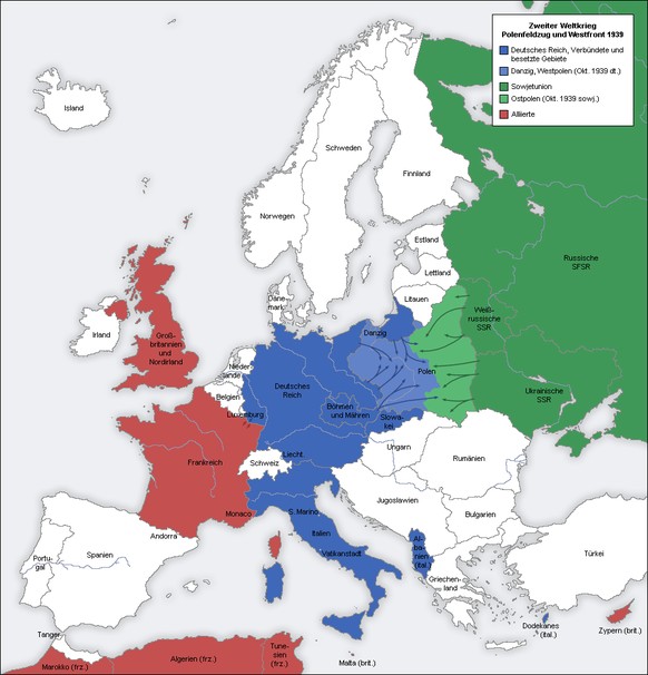 Das Europa von 1939 (nach der Teilung Polens).