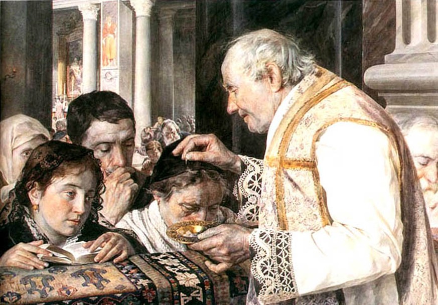 Priester bei der Kommunion mit Kindern auf einem polnischen Gemälde von 1881.