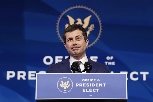 Former South Bend, Ind. Mayor Pete Buttigieg, President-elect Joe Biden&#039;s nominee to be transportation secretary, speaks after Biden announced his nomination during a news conference at The Queen ...