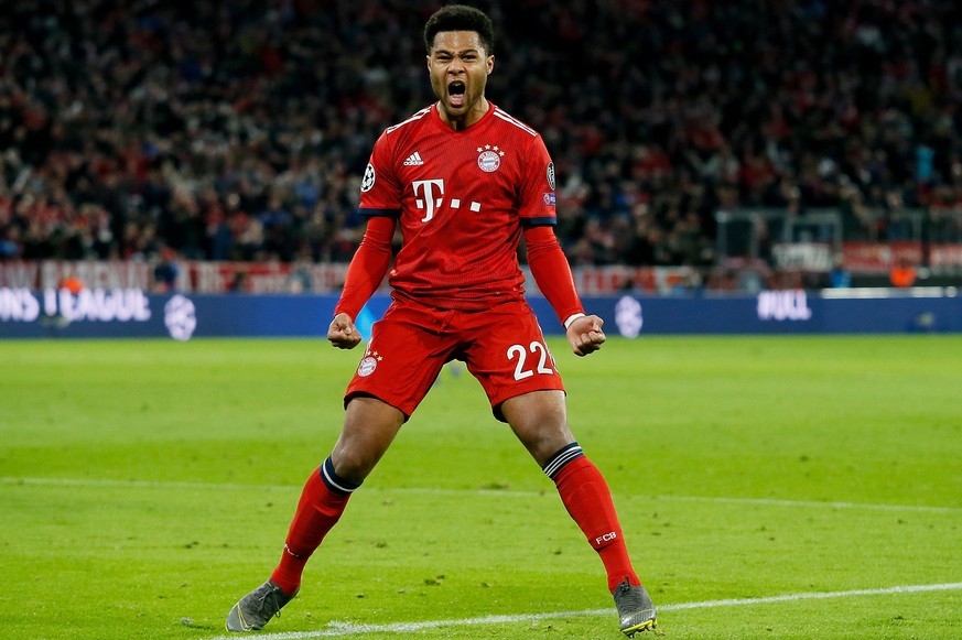 epaselect epa07434987 Serge Gnabry of Munich celebrates his team first goal during the UEFA Champions League round of 16 second leg soccer match between FC Bayern Munich and Liverpool FC in Munich, Ge ...