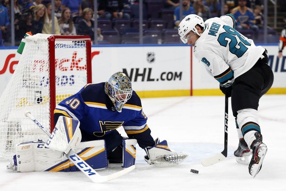 St. Louis Blues goaltender Jordan Binnington (50) follows the puck as San Jose Sharks right wing Timo Meier (28), of Switzerland, moves in during the second period in Game 4 of the NHL hockey Stanley  ...
