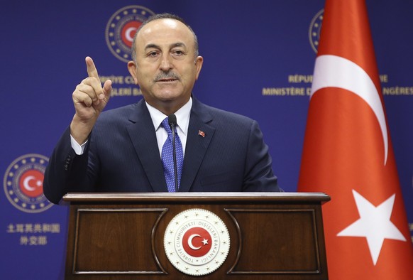 Turkey&#039;s Foreign Minister Mevlut Cavusoglu speaks to the media after talks with German Foreign Minister Heiko Maas, in Ankara, Turkey, Tuesday, Aug. 25, 2020. Maas appealed Tuesday for a de-escal ...