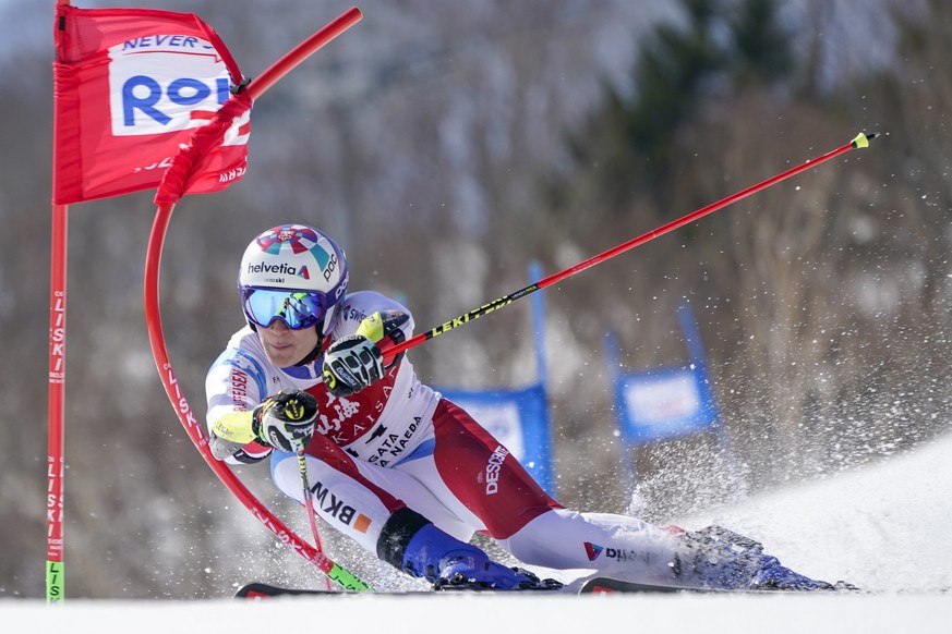 Marco Odermatt of Switzerland competes in the men&#039;s giant slalom during the FIS Alpine Ski World Cup at Naeba Ski Resort in Yuzawa, Niigata prefecture, northern Japan, Saturday, Feb. 22, 2020. (A ...