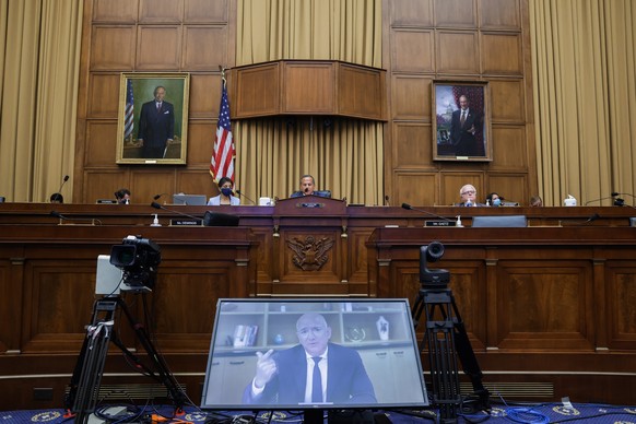 epa08573479 Amazon CEO Jeff Bezos testifies via video conference during a House Judiciary Subcommittee on Antitrust, Commercial and Administrative Law on &#039;Online Platforms and Market Power&#039;  ...