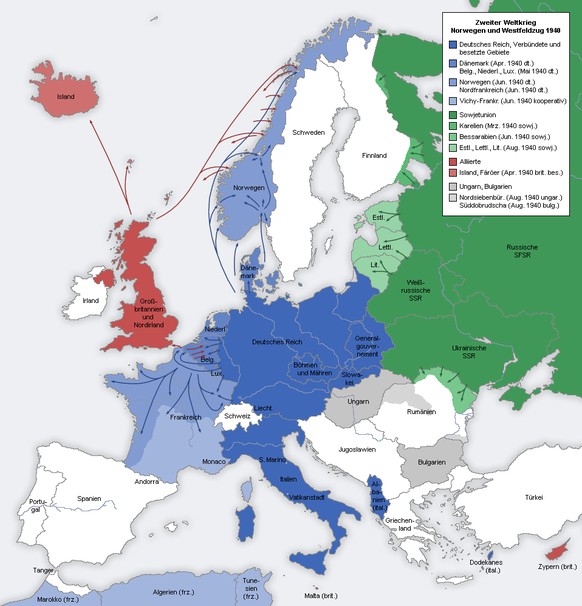 Europa im Zweiten Weltkrieg, Ende Juni 1940 nach Abschluss des Westfeldzugs, Fall Rot
Von San Jose - Eigene Karte, basierend auf den Karten der University of Texas Libraries, CC BY-SA 3.0, https://com ...