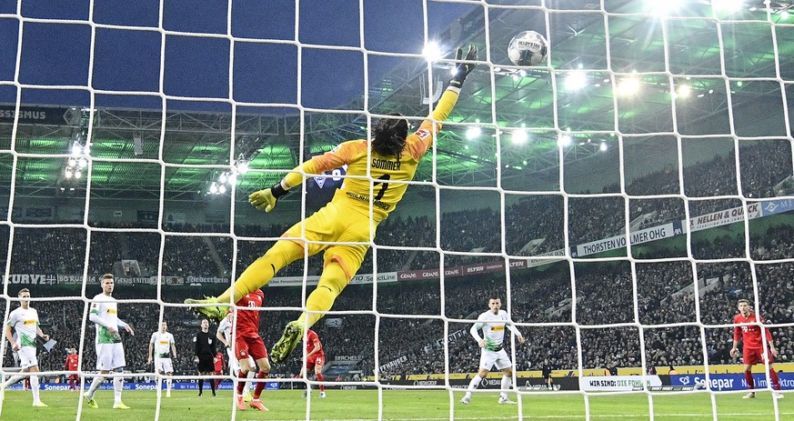 Moenchengladbach&#039;s goalkeeper Yann Sommer receives the opening goal during the German Bundesliga soccer match between Borussia Moenchengladbach and Bayern Munich at the Borussia Park in Moencheng ...