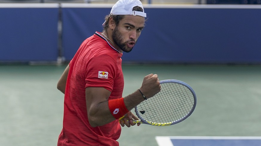 Matteo Berrettini, of Italy, reacts during a match against Ugo Humbert, of France, during the second round of the US Open tennis championships, Thursday, Sept. 3, 2020, in New York. (AP Photo/Seth Wen ...