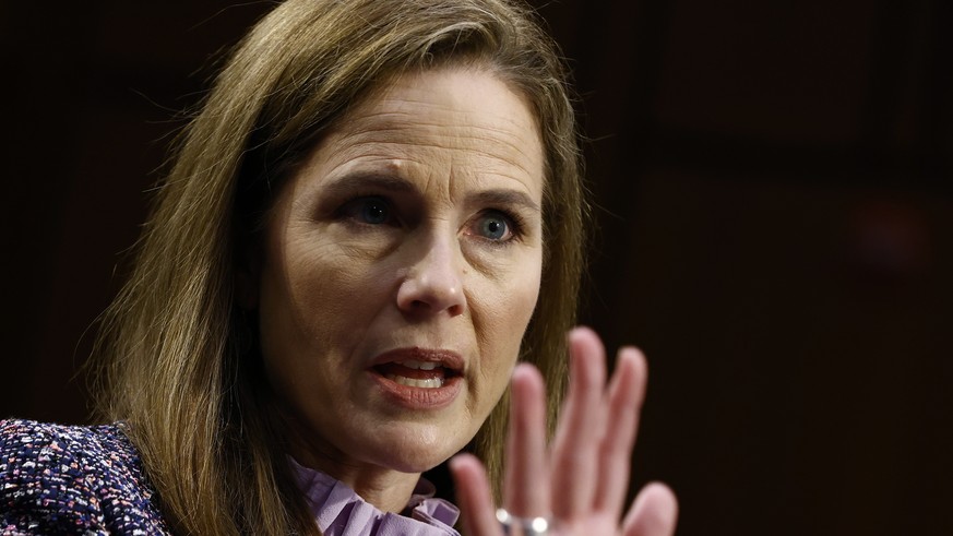 epa08745857 Supreme Court nominee Amy Coney Barrett speaks during the third day of Senate Judiciary Committee confirmation hearings for Judge Barrett on Capitol Hill in Washington, DC, USA, 14 October ...