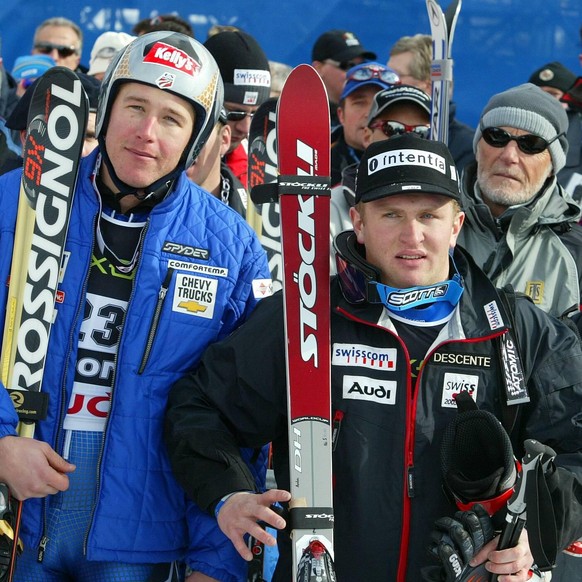Bildnummer: 00786877 Datum: 02.02.2003 Copyright: imago/Ulmer
V. li.: Bode Miller (USA), Ambrosi Hoffmann (Schweiz) und Toni Sailer (Österreich); Anton, Vdig, quer, Weltmeisterschaft 2003, Ski Alpin,  ...
