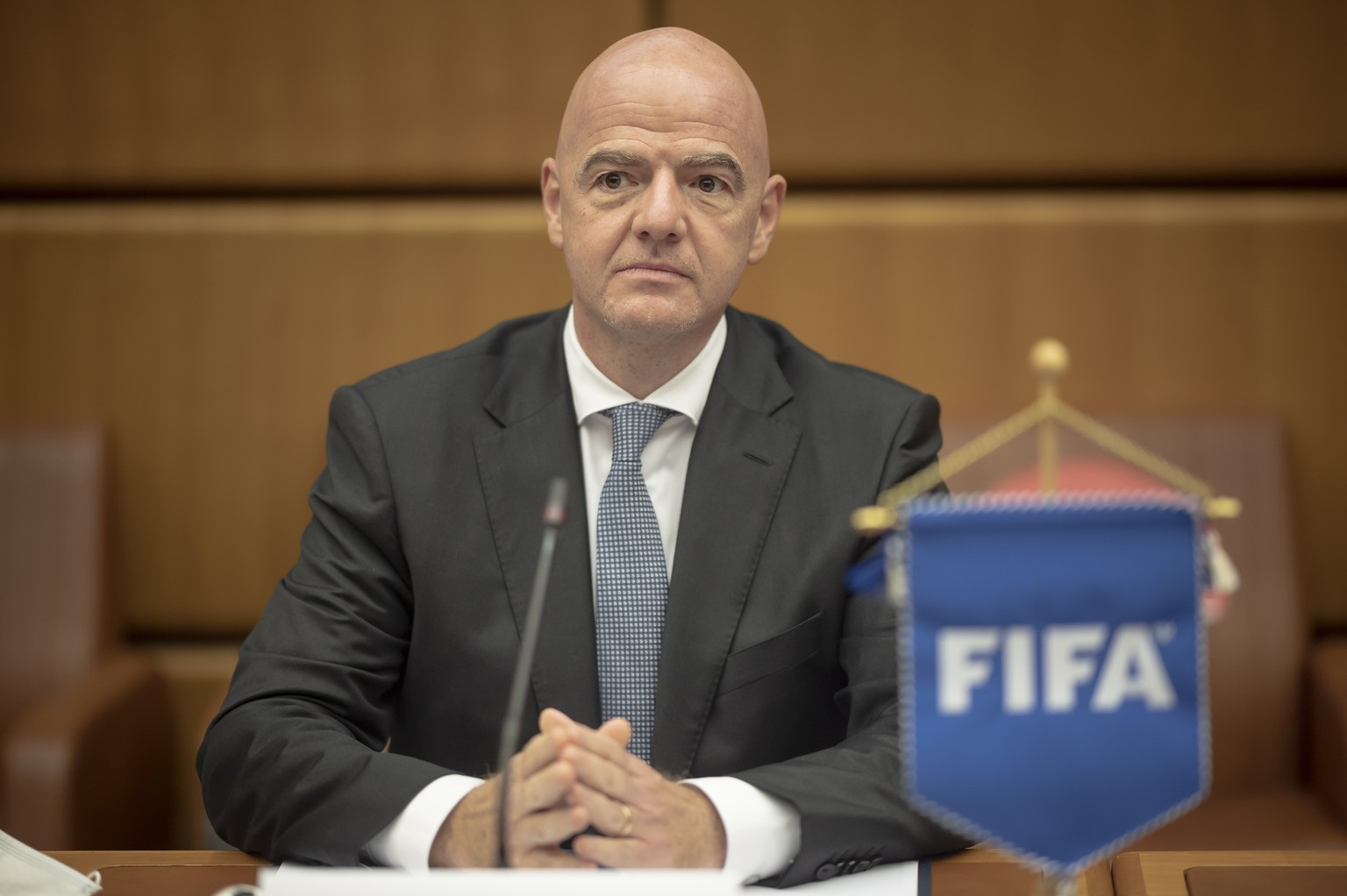epa08778125 (FILE) - FIFA President Gianni Infantino arrives to sign a memorandum of understanding (MOU) with Ghada Waly, Executive Director of the United Nations Office on Drugs and Crime (UNODC) and ...