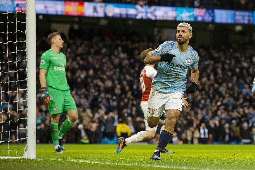 epa07340753 Manchester City&#039;s Sergio Aguero celebrates scoring the first goal during the English Premier League soccer match between Manchester City and Arsenal FC held at the Etihad Stadium in M ...