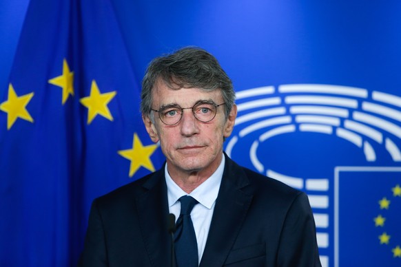 epa08654815 European Parliament president David Sassoli gives a press conference following his meeting with Head of EU task Force for Relations with the United Kingdom, in Brussels, Belgium, 08 Septem ...