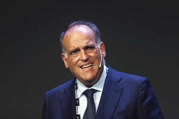 FILE - In this Monday, Sept. 24, 2018 file photo, Javier Tebas, the president of the Spanish La Liga, speaks during the World Football summit in Madrid, Spain. Tebas has accused Real Madrid president  ...