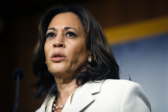 FILE - In this Jan. 16, 2020 file photo, Sen. Kamala Harris, D-Calif., talks to reporters about the impeachment trial of President Donald Trump on charges of abuse of power and obstruction of Congress ...