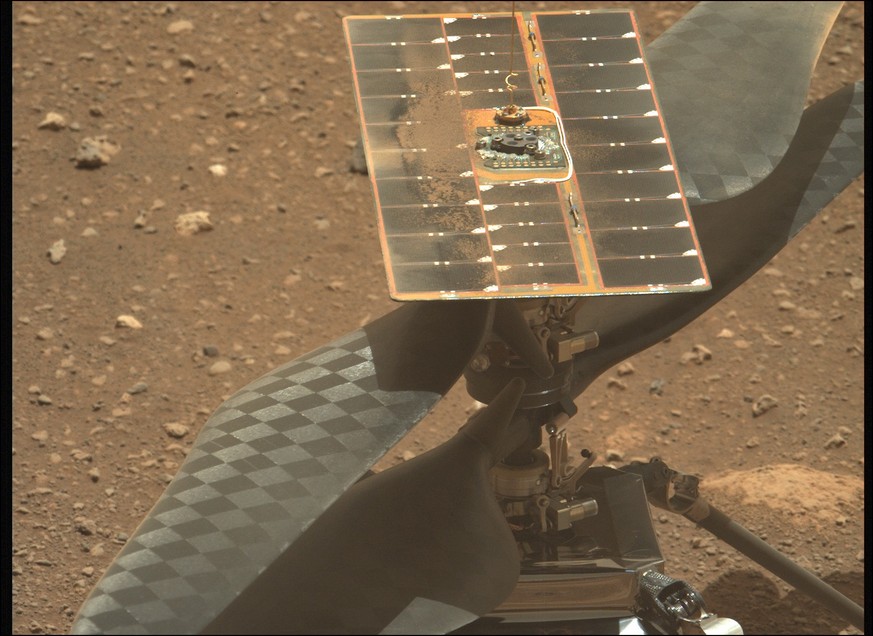 epa09123366 A handout photo made available by NASA shows an image of NASA&#039;s Ingenuity Helicopter with its blades unlocked acquired by NASA&#039;s Perseverance Mars rover using its Left Mastcam-Z  ...