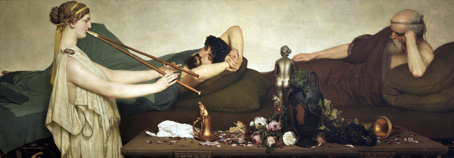 Der niederländische Künstler Lawrence Alma-Tadema (1836–1912) hat die Römer in etwa so (dekadent und gelangweilt) gemalt, wie wir sie uns vorstellen. Hier sehen wir seine «Pompejanische Szene».